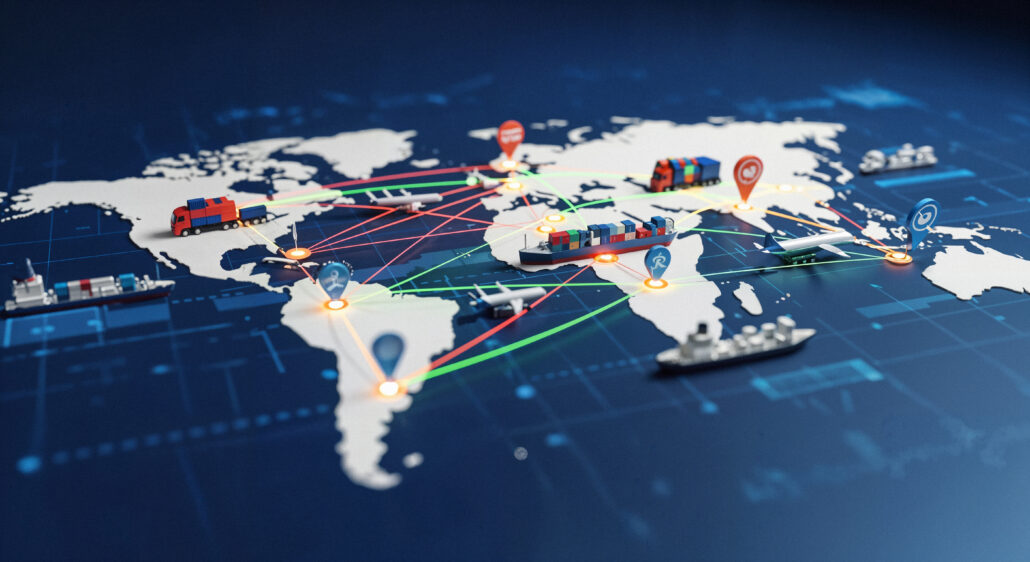 red global de logística y transporte internacional con conexiones digitales