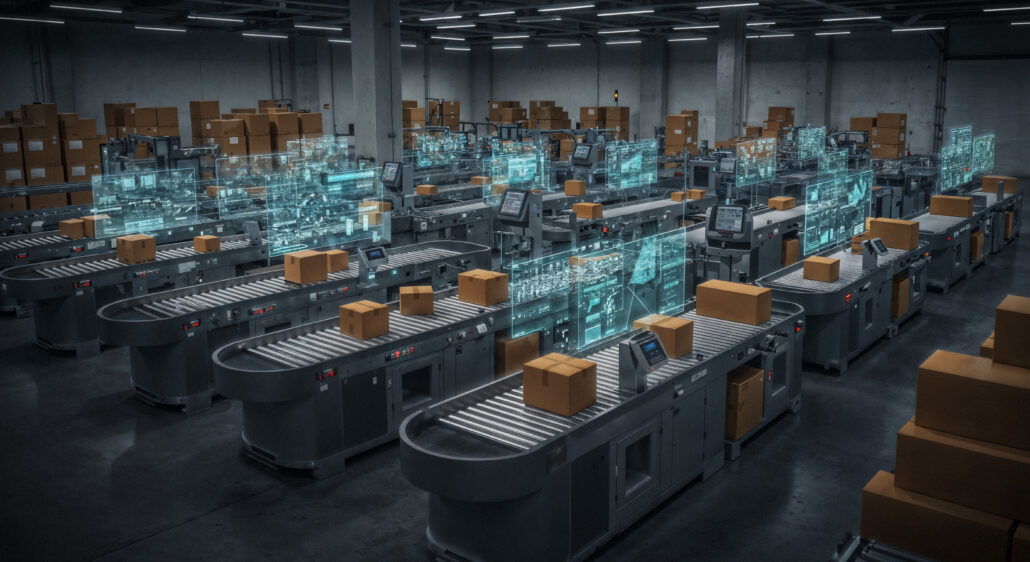 almacén automatizado con sistema de transporte y gestión digital de logística